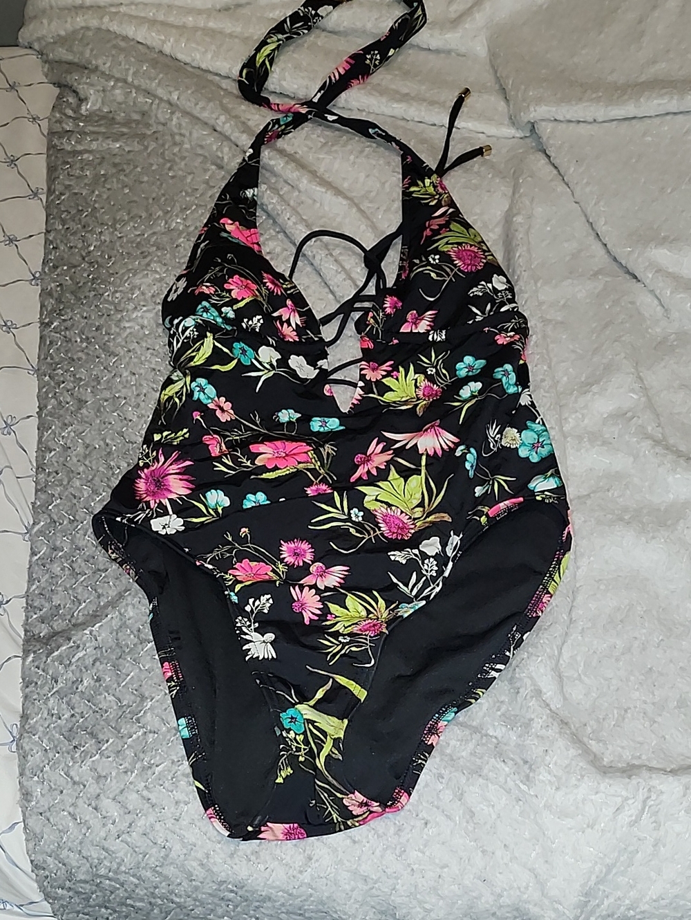 Black Floral One-Piece Halter Swimsuit